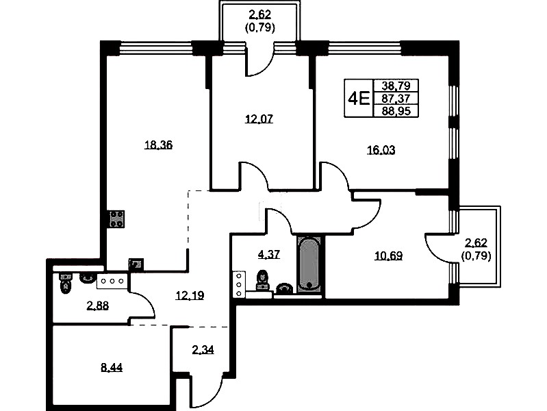 3-комнатная квартира 88.95 м², 6/11 эт., ЖК «Новое Колпино»